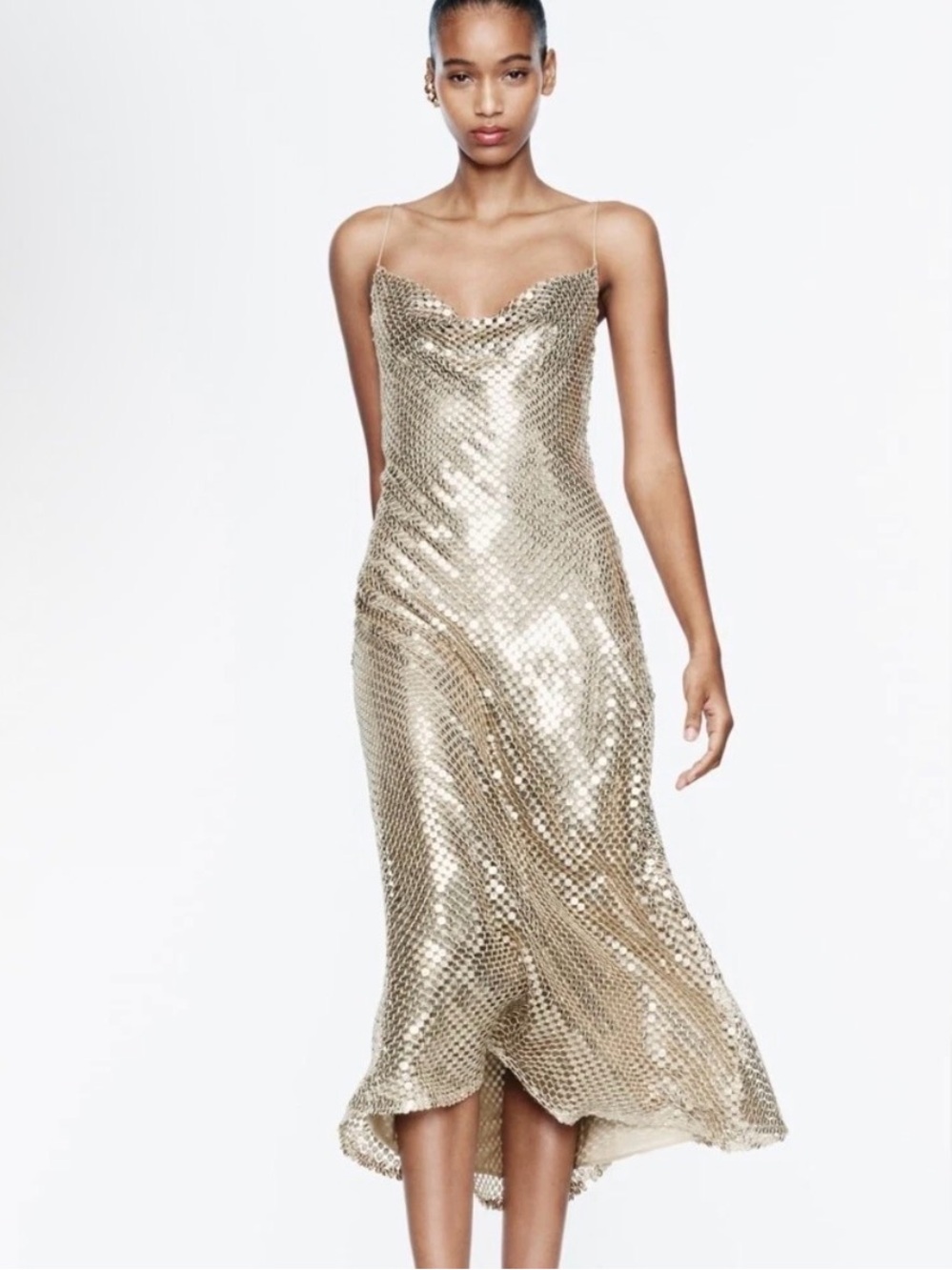 Zara Gold Sequin Slip Dress with Cowl Neck
